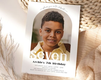 Minimalist 7th Birthday Party Invitation with Photo, Boys Seventh Birthday Invite, Instant Download Template, Simple, Aesthetic, Corjl