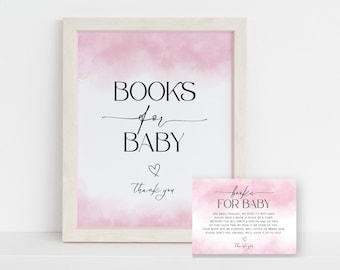 Books For Baby Insert, Books For Baby Sign and Card Template, Minimalist Baby Shower Girl Pink, Printable Book Request Card, Corjl PP55