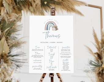 Boho Rainbow Baby 1st Birthday Milestone Sign with Photo, Boy Pampas Milestone Board Poster, My First Year, Editable Instant Download, Corjl
