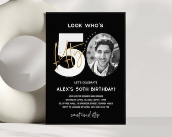 50th Birthday Party Invitation with Photo, Minimalist Men Black Gold Fifty Invite, Editable Template, Aesthetic, Evite For Him, Corjl PP64