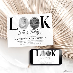 30th Birthday Invitation For Him, Look Who's 30 Invitation Template With Photo, Thirty Invite For Men Black Gold, Editable Evite, Corjl PP68