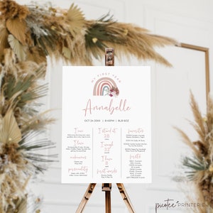 Boho Rainbow Baby 1st Birthday Milestone Sign with Photo, Girl Floral Pampas Milestone Board Poster, My First Year, Instant Download, Corjl