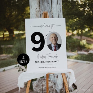 Modern 90th Birthday Welcome Sign with Photo, Men's Birthday Party Welcome Poster, Editable Welcome Board for Him, Ninety Decor, Corjl PP39