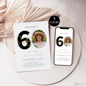 60th Birthday Invites For Women with Photo, 60th Birthday Party Invitations for Her, Editable Sixty Evite Digital, Women's 60th, Corjl PP67