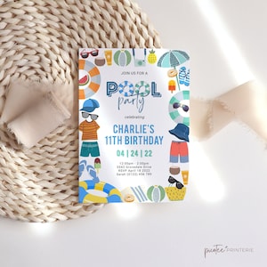 Pool Party Invitation 11th Birthday, Editable Template, Boys Eleventh Swimming Summer Party, Printable Instant Download, Swim, Corjl PP30