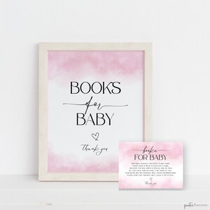 Books For Baby Insert, Books For Baby Sign and Card Template, Minimalist Baby Shower Girl Pink, Printable Book Request Card, Corjl PP55