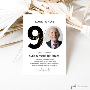 Minimalist 90th Birthday Party Invitation with Photo, Men Black Gold Ninety Invite, Editable Template, Aesthetic, Male, For Him, Corjl PP39