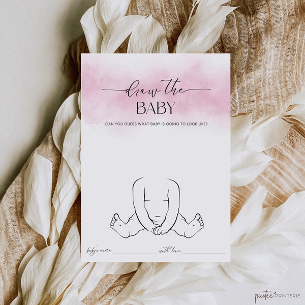 Draw Baby Shower Game, Dusty Pink Draw The Baby, Minimalist Baby Shower Girl, What Will Baby Look Like, Editable Printable Game, Corjl PP55