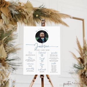 Baby Boy 1st Birthday Milestone Sign with Photo, Minimalist Milestone Board Poster, Blue My First Year, Editable Instant Download, Corjl