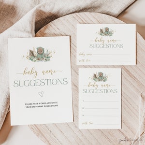 Baby Name Suggestions, Baby Name Ideas Game, Sage Green Bear Baby Shower, Boho Teddy Bear, Gender Reveal Game, Gender Neutral, Corjl PP51