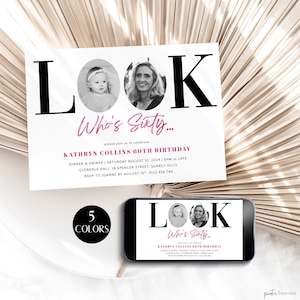 60th Invitation Template With Photo Women, Pink Look Who's 60 Birthday Party Invite For Her, Editable Sixty Evite, Rose Gold, Corjl PP69