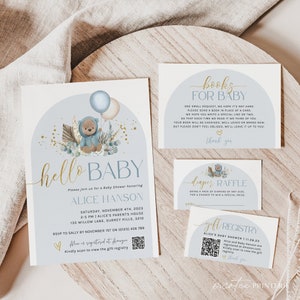 Blue Bear Baby Shower Invitation Printable, Boho Teddy Bear Baby Shower Invite Template, Baby Boy, We Can Bearly Wait, QR Code, Corjl PP59
