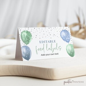 Buffet Label, Food Tent Card, Boys Birthday, Folded Place Cards, Blue Green Balloon, Instant Download Template, Party Decor, Corjl PP32