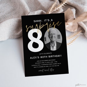 Surprise 80th Birthday Invitation For Him, Minimalist Men Eighty Photo Invite, Shhh It's A Surprise, Editable Evite, Black Gold, Corjl PP64