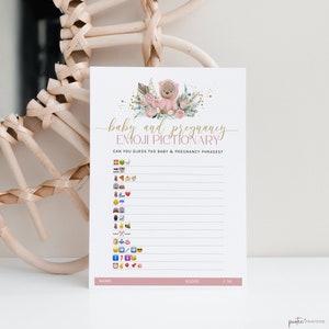Baby Shower Emoji Game, Emoji Pictionary Baby Shower Game with Answers, Boho Teddy Bear, Printable Quiz, Pink Girl, Activity, Corjl PP53