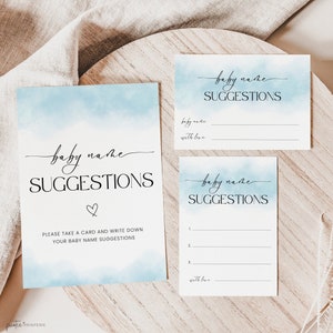 Baby Name Suggestions Card, Baby Name Ideas Game, Boy Baby Shower Blue, Gender Reveal Game, Gender Neutral, Minimalist, Editable, Corjl PP65