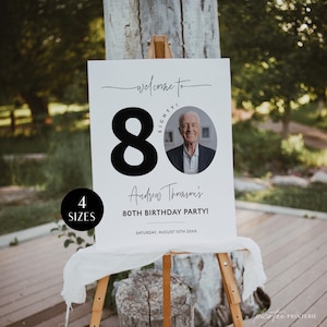 Modern 80th Birthday Welcome Sign with Photo, Men's Birthday Party Welcome Poster, Editable Welcome Board for Him, Eighty Decor, Corjl PP39