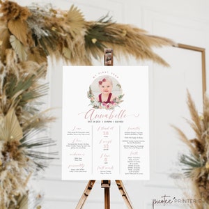 Baby Floral Boho 1st Birthday Milestone Sign with Photo, Girl Milestone Board Poster, Pink Pampas My First Year, Instant Download, Corjl
