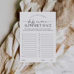 Baby Name Race Game, Baby ABC Game Printable, Minimalist Baby Shower Game, A-Z Baby Names Game, Gender Neutral, Instant Download, Corjl PP50