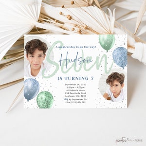 7th Birthday Party Invitation with Photo, Boys Seventh Birthday Editable Invite, Blue Green Balloon, Instant Download Template, Corjl PP32