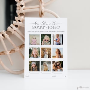 How Old Was The Mommy To Be, Minimalist Baby Shower Game, Editable Baby Photo Game, Mom To Be Age Guessing Game, Printable, Boho, Corjl PP50