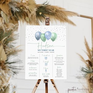 Baby Boy 1st Birthday Milestone Sign, Milestone Board Poster, Blue Green Balloon, My First Year Sign, Editable Instant Download, Corjl PP32
