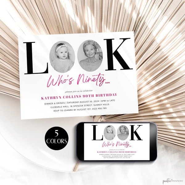 90th Invitation Template With Photo Women, Pink Look Who's 90 Birthday Party Invite For Her, Editable Ninety Evite, Rose Gold, Corjl PP69