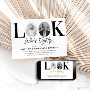 80th Birthday Invitation For Him, Look Who&#39;s 80 Invitation Template With Photo, Black Gold Eighty Invite For Men, Editable Evite, Corjl PP68