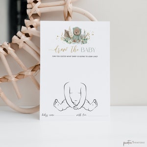 Draw Baby Shower Game, Draw The Baby Game, Sage Green Bear Baby Shower, Baby Shower Games Boho Teddy Bear, Gender Neutral Shower, Corjl PP51