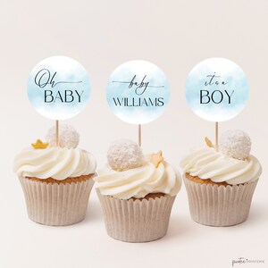 Baby Shower Cupcake Toppers Blue, Printable Cupcake Topper Baby Boy, Minimalist Baby Shower Decor, Editable Baby Shower Favor, Corjl PP65