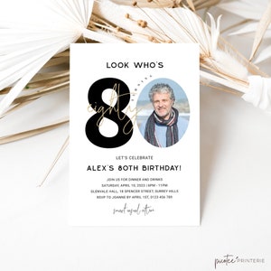 Minimalist 80th Birthday Party Invitation with Photo, Men Black Gold Eighty Invite, Editable Template, Aesthetic, Male, For Him, Corjl PP39