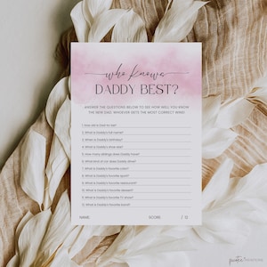 Who Knows Daddy Best Baby Shower Game, Minimalist Games Printable, Editable Game Card, How Well Do You Know, Boho Pink, Download, Corjl PP55