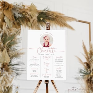 Baby Girl 1st Birthday Milestone Sign with Photo, Minimalist Milestone Board Poster, Pink My First Year, Editable Instant Download, Corjl