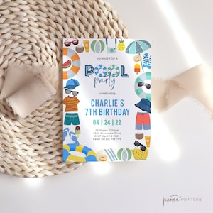 Pool Party Invitation 7th Birthday, Editable Template, Boys Seventh Swimming Summer Party, Printable Instant Download, Swim, Corjl PP30