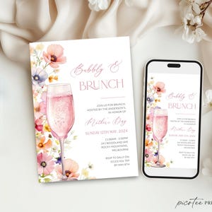 Bubbly and Brunch Mother's Day Invitation Wildflower, Floral Mothers Day Mimosa Champagne Lunch Invite, Editable Printable, Corjl PP83