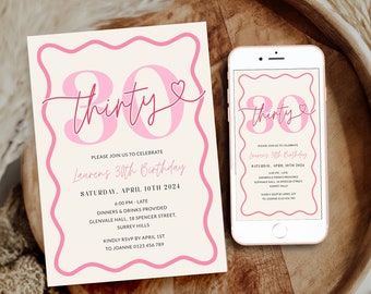30th Birthday Invitation Pink Wavy Border Women, Modern Scalloped 30 Party Invite for Her Printable, Editable Thirty Digital, Corjl PP84