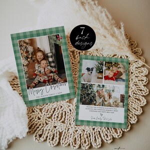Gingham Christmas Photo Card Printable, Plaid Holiday Card Template, Editable Rustic Happy Holidays Card, Family Collage, Green, Corjl PP78