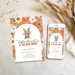 Retro Easter Egg Hunt Brunch Invite, Floral Spring Easter Celebration Invitation Printable, Floral Easter Bunny, Editable Digital Corjl PP82