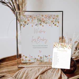 Wildflower Wishes for Baby Shower Game, Floral Wishing Well Baby Cards Sign Template, Editable Advice for Baby, Boho Wishes Girl, Corjl PP72