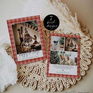 Gingham Holidays Photo Card Printable, Red Plaid Christmas Card Template, Editable Rustic Happy Holidays Card, Family Collage, Corjl PP78