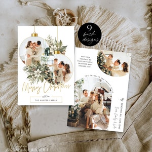 Winter Floral Christmas Photo Card Template, Arch Merry Christmas Photo Card Printable, Gold Bauble Xmas Card, Boho Custom Holiday, Corjl