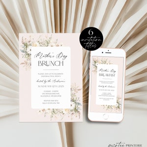 Boho Blush Floral Mother&#39;s Day Brunch Invitation, Mother&#39;s Day Tea Party Invite Printable, Digital Mother&#39;s Day Party, Editable, Corjl PP83