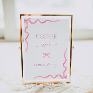 Pink Bow Coffee Bar Sign, Coquette Baby Shower Coffee Table Printable, Girl Baby Shower Decor, A Baby Is Brewing, Drinks Menu Corjl, PP86