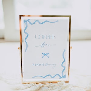 Blue Bow Coffee Bar Sign, Coquette Baby Shower Coffee Table Printable, Boy Baby Shower Decor Blue, A Baby Is Brewing, Drinks Menu Corjl PP87