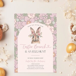 Pink Floral Easter Egg Hunt Brunch Invite Template, Arch Spring Easter Celebration Invitation Printable, Easter Bunny, Digital, Corjl PP82