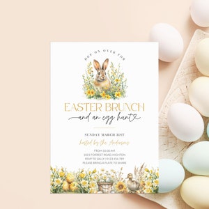 Yellow Easter Egg Hunt and Brunch Invite Printable Template, Spring Celebration Invitation, Editable Easter Bunny Flowers, Corjl PP82