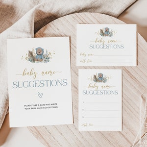 Blue Bear Baby Name Suggestions Card, Baby Name Ideas Game Printable, Boho Teddy Bear Baby Shower, Gender Reveal Game, Download, Corjl PP59
