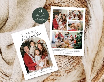 Happy Holidays Arch Photo Christmas Card Printable, Modern Holidays Family Photo Collage Template, Editable Customizable Card DIY Corjl PP78