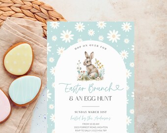 Mint Easter Egg Hunt and Brunch Invite Printable Template, Green Easter Celebration Invitation, Spring Pastel Flowers, Editable, Corjl PP82