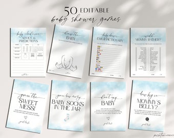 Baby Shower Game Bundle Blue, Printable Baby Shower Games Bundle Template, Modern Editable Games, Bingo, Trivia, Boho Baby Boy, Corjl PP65